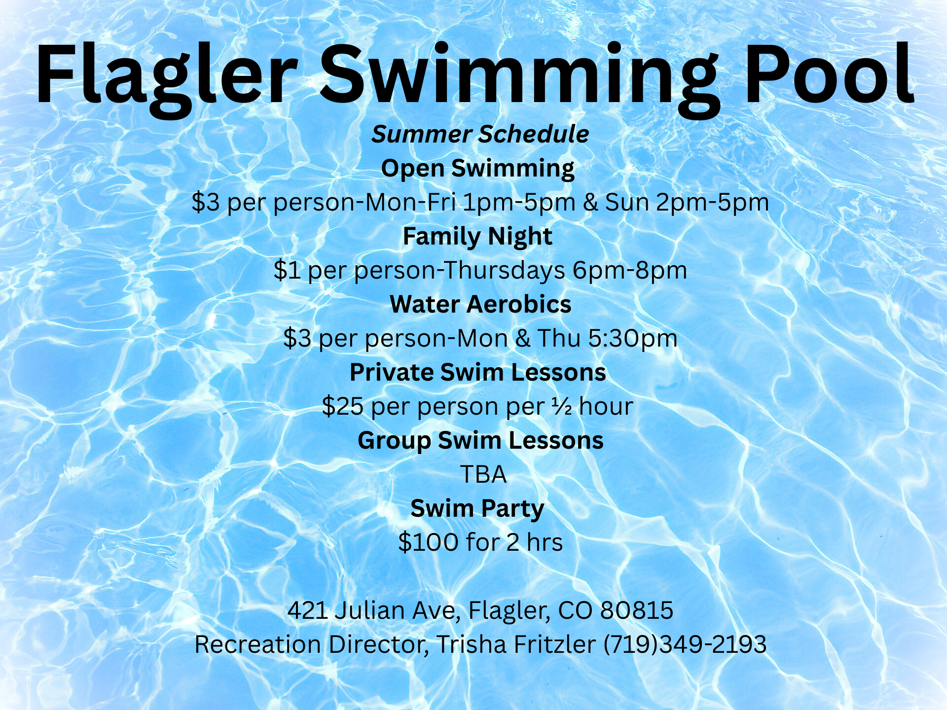 Flagler Swimming Pool Schedule Black font on blue and white background