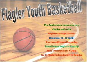Flyer with brown basketball on brown wood floor, Black, green and red lettering.