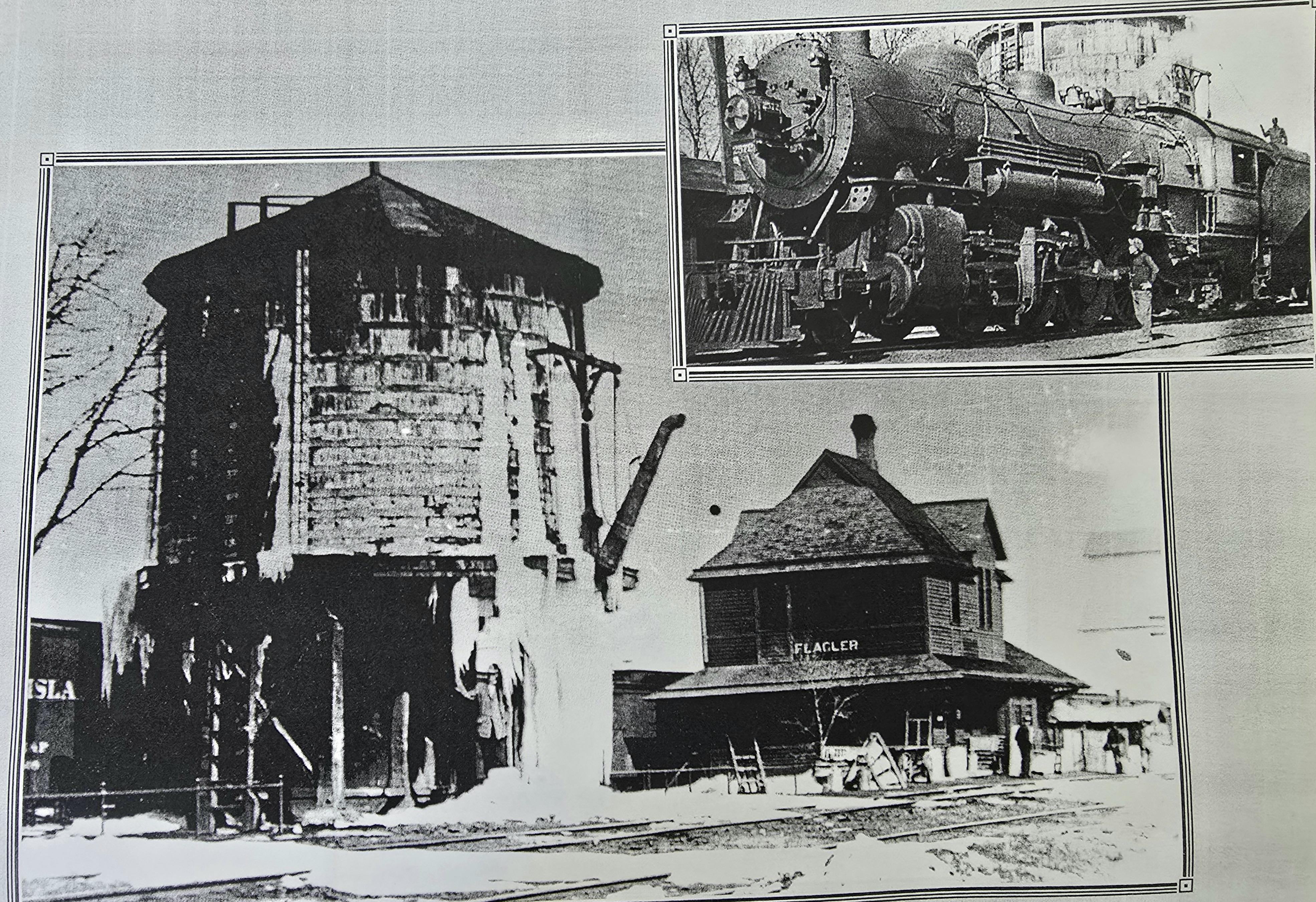 Black & White photo of Grain Elevator, Train Depo & Locomotive
